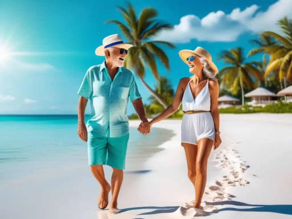 Pareja mayor feliz en playa paradisíaca