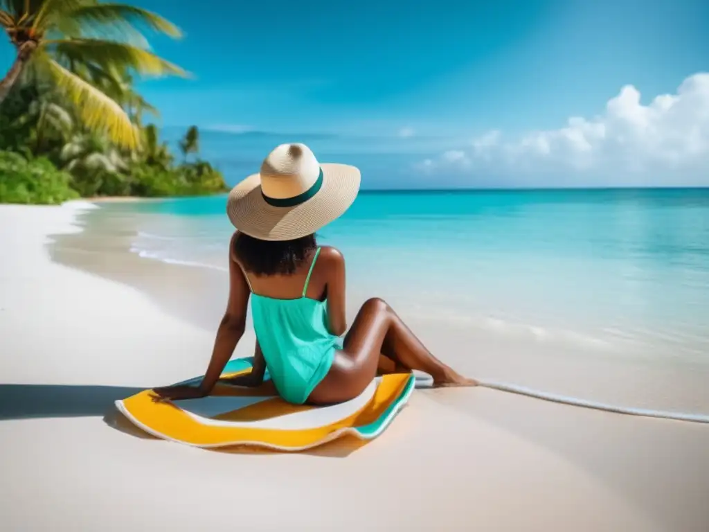Vacaciones paradisíacas en la playa Consejos para evitar gastos inesperados en viajes: Viajero relajado en una playa paradisíaca, rodeado de palmeras, agua turquesa y accesorios playeros