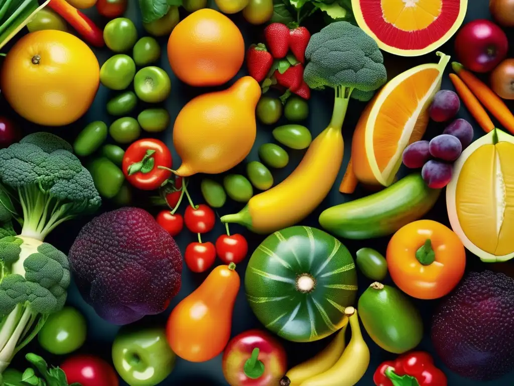 Variedad vibrante de frutas y verduras Nutrición saludable para viajeros senior activos - Frutas y verduras vibrantes en una composición cautivadora, ricas en vitaminas y minerales