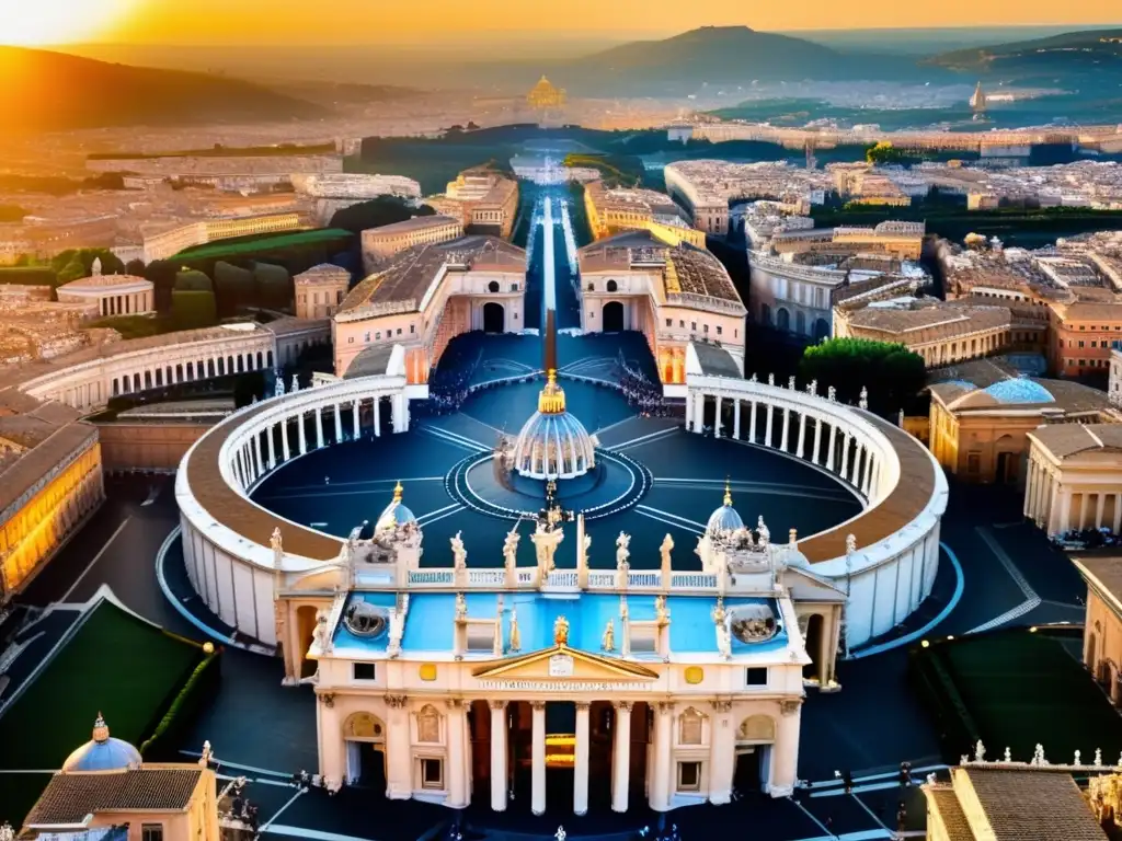Vista aérea del Vaticano al atardecer Vista aérea de la Ciudad del Vaticano al atardecer con la Basílica de San Pedro y los jardines, guía de viaje senior Roma