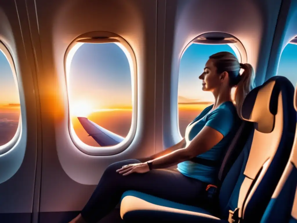 Persona con movilidad reducida haciendo ejercicio en un asiento de avión cómodo Persona con movilidad reducida ejercitándose en cómodo asiento de avión, rodeado de ventanas y luz natural