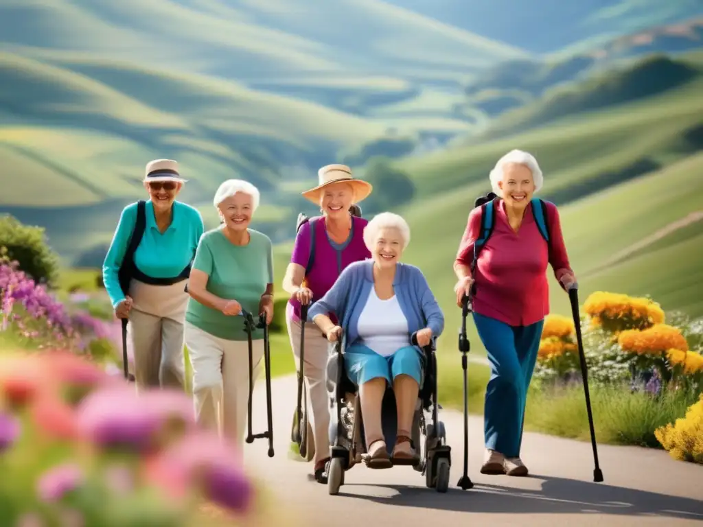 Grupo de seniors explorando destino pintoresco Viajes accesibles para personas mayores explorando un destino pintoresco con sonrisas y aventura, rodeados de un paisaje hermoso