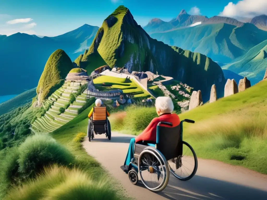 Grupo de viajeros mayores explorando paisaje accesible Viajes accesibles para personas mayores explorando paisaje montañoso con guías turísticos amigables