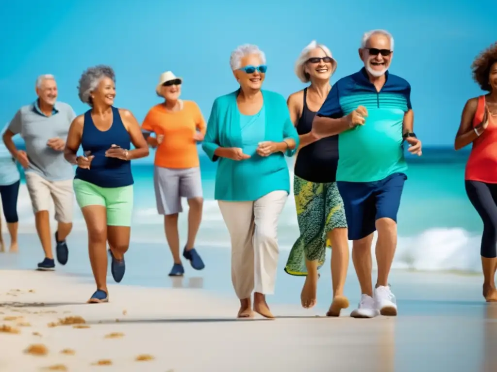 Grupo de adultos mayores disfrutando de viaje activo y saludable Viajes activos y saludables para seniors: Precauciones de salud en la playa