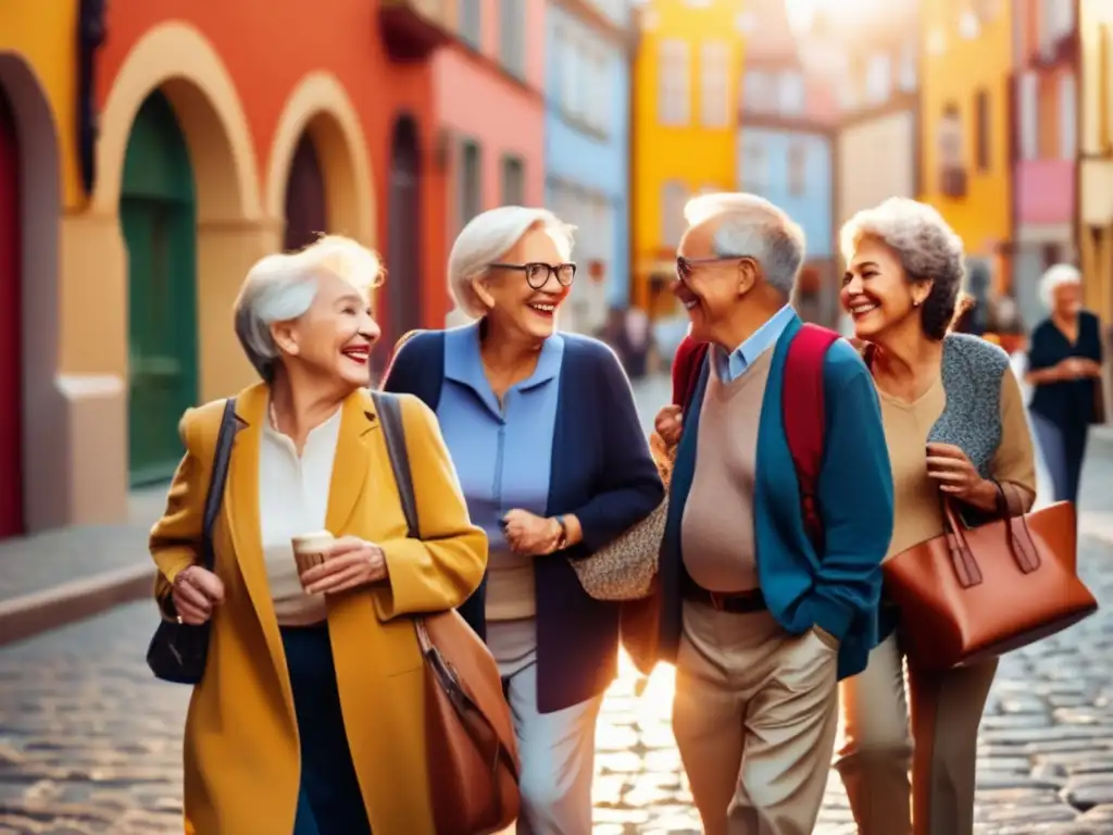Exploración alegre de adultos mayores en ciudad pintoresca Viajar económico en la edad dorada: grupo de adultos mayores explorando una ciudad pintoresca, radiando alegría y camaradería