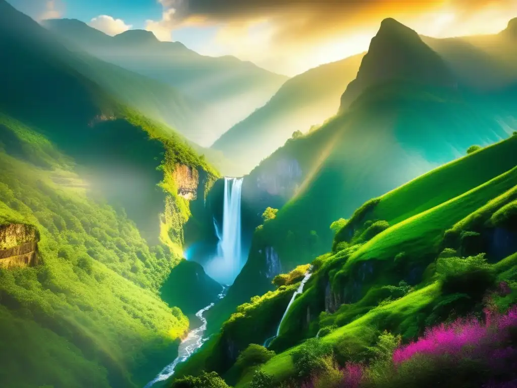 Ruta hacia la cascada majestuosa Paisaje de montaña con cascada, viajeros senior y nutrición saludable
