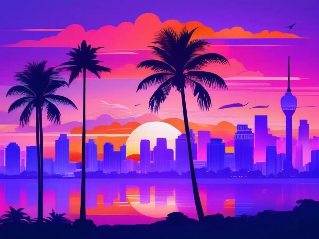 Viaje a través de múltiples husos horarios Cambio de zona horaria viajes médicos: Travesía vibrante entre zonas horarias, con atardeceres vibrantes, paisajes pintorescos y siluetas de palmeras