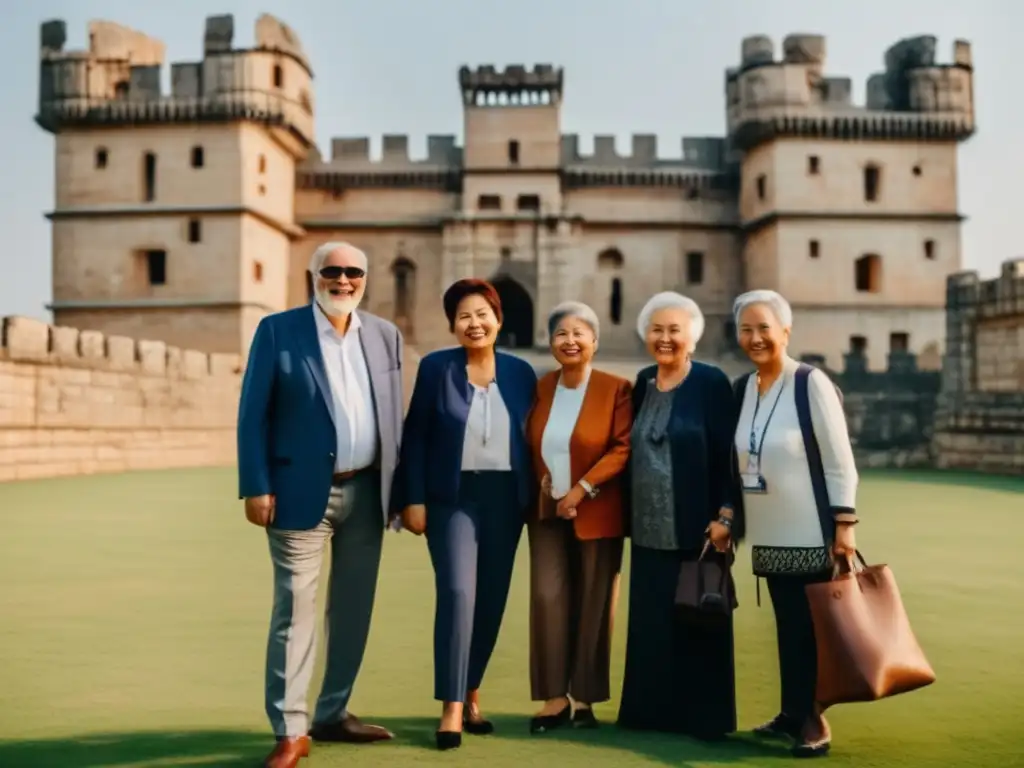 Grupo de viajeros mayores frente a castillo ancestral Ruta de ancestros para viajeros senior explorando un majestuoso castillo ancestral con conexión intergeneracional y atmósfera nostálgica