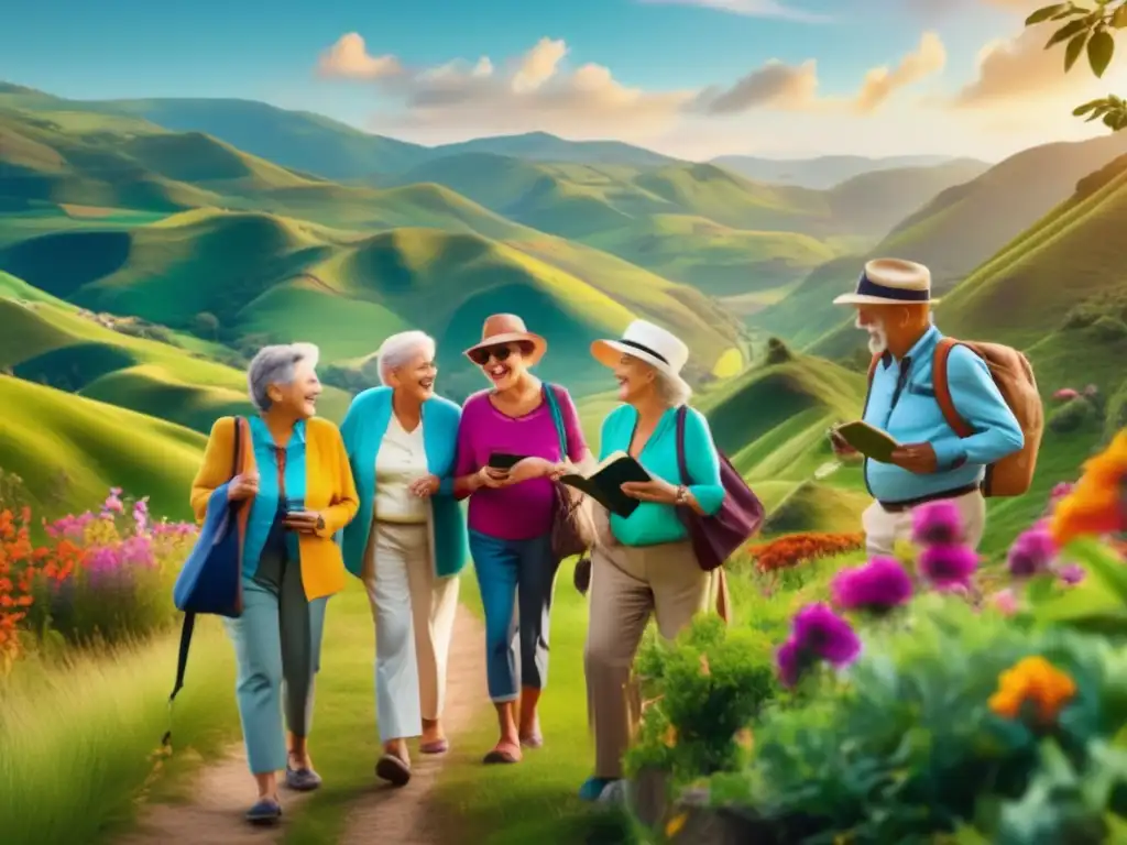 Grupo de adultos mayores explorando un destino pintoresco Grupo de mayores explorando destino pintoresco - Seguro de viaje para mayores