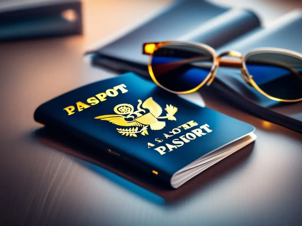 Pasaporte abierto con sellos de visa en escritorio minimalista Consejos Documentación Viaje Maduros: Pasaporte abierto con sellos de visa, en un escritorio minimalista iluminado por luz natural