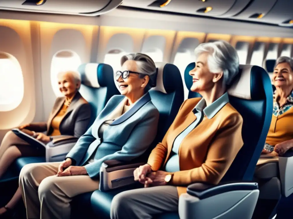 Un grupo de viajeros mayores disfrutan de un cómodo y seguro viaje en avión con asientos ergonómicos, masajes y amplio espacio