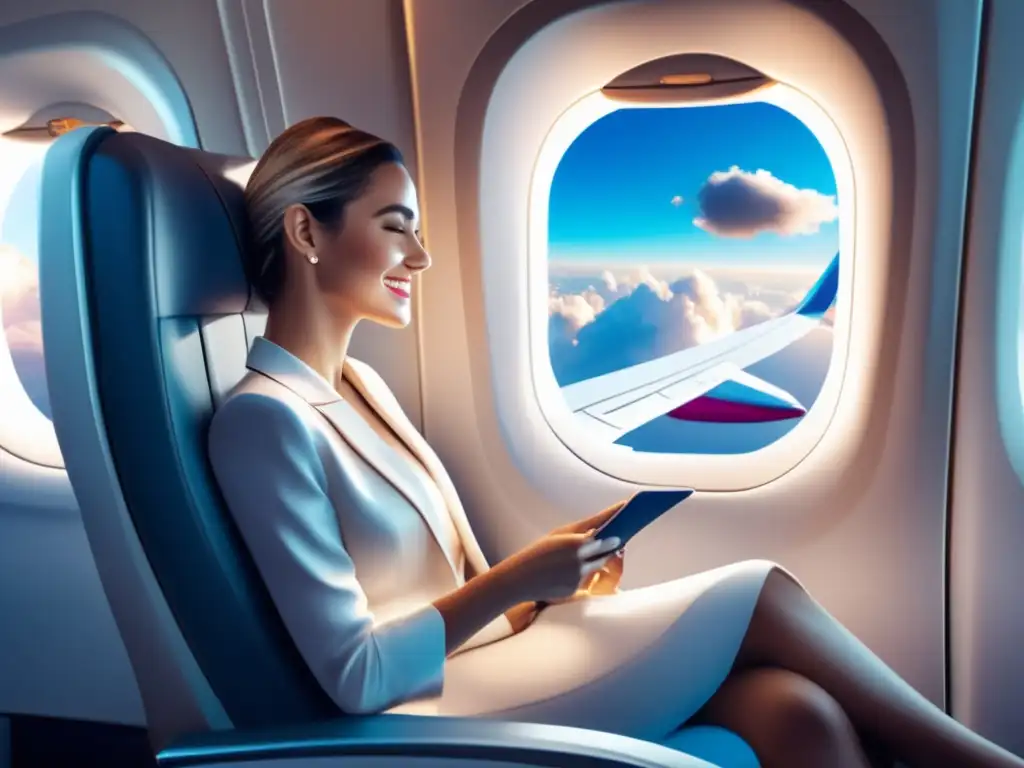Viaje placentero en avión: mujer cómoda en cabina espaciosa Mujer feliz en espacioso avión, rodeada de comodidades modernas