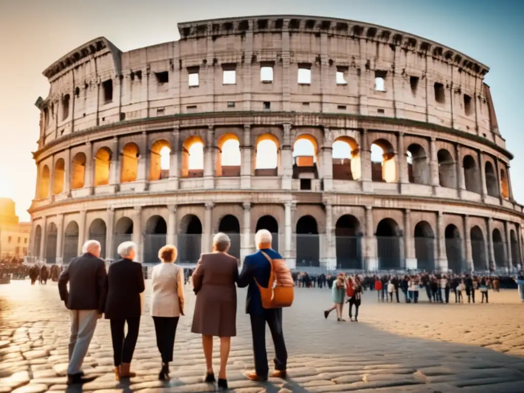 Seniors maravillados por el Coliseo en Roma Viajes culturales para seniors enriquecedores: grupo admirando el Coliseo de Roma