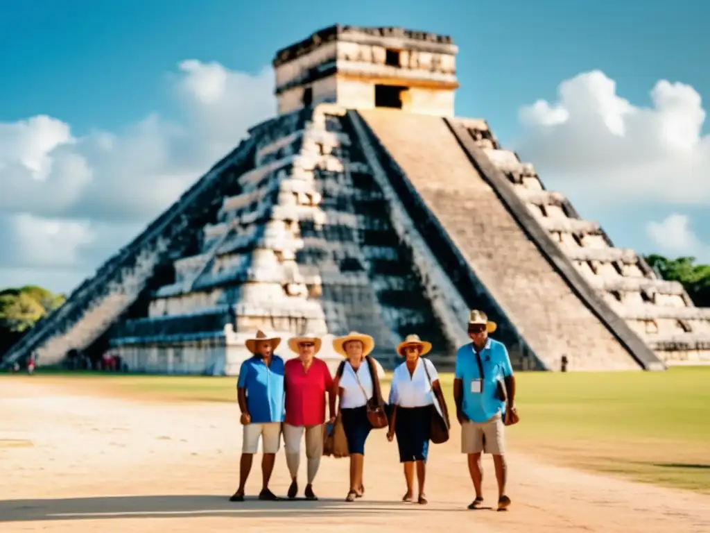 Viaje cultural a Chichen Itza Rutas arqueológicas seguras para viajeros senior en México: Grupo de viajeros senior asombrados frente a las majestuosas ruinas de Chichen Itza
