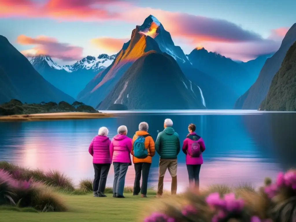 Majestuoso paisaje de Nueva Zelanda Experiencias culturales en Nueva Zelanda para adultos: Viajeros maduros maravillados por la majestuosidad de Fiordland National Park en una imagen 8k