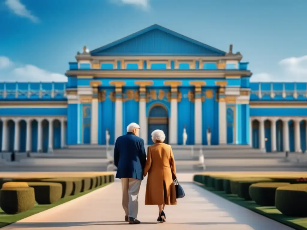 Pareja mayor explorando museo de arte Viajes culturales para seniors: Pareja admirando arquitectura y arte de un museo