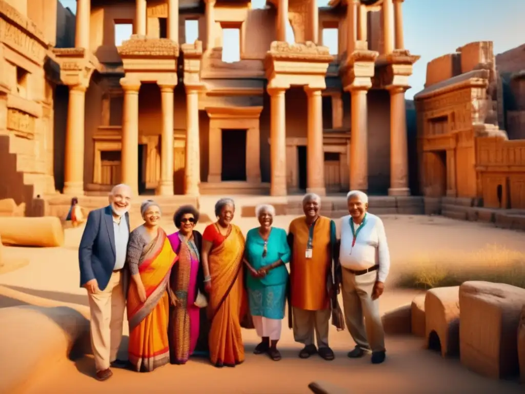 Viaje cultural para adultos mayores Viajes culturales para adultos mayores: grupo sonriente de adultos mayores frente a majestuosas ruinas antiguas