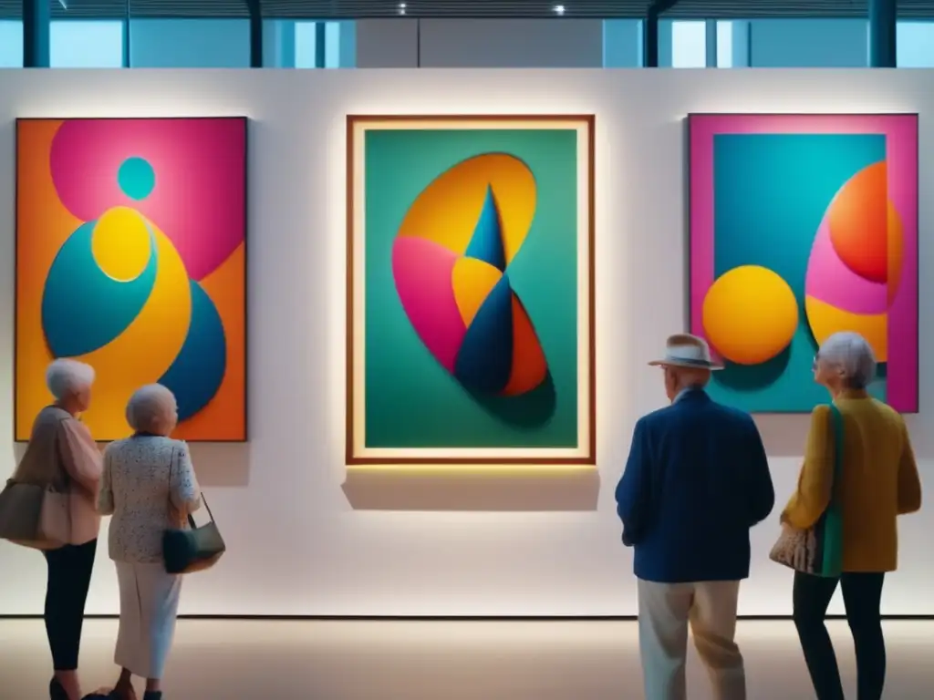 Grupo de seniors explorando exposición de arte Viajes de arte para personas mayores en una exposición vibrante y contemporánea