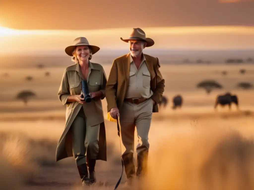 Pareja aventurera en la Serengeti Destinos seguros para viajeros maduros en África: Pareja de aventureros en la tranquila y hermosa naturaleza africana
