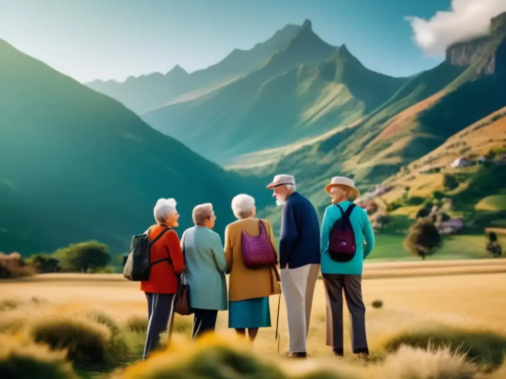 Grupo de ancianos disfrutando de un viaje en la montaña Grupo de mayores disfrutando de un viaje seguro y económico en paisaje montañoso