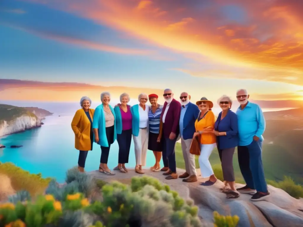 Grupo de seniors disfrutando del paisaje en un acantilado Un grupo de seniors disfrutando el mejor itinerario para viajes en grupo, con hermosos paisajes y experiencias inolvidables