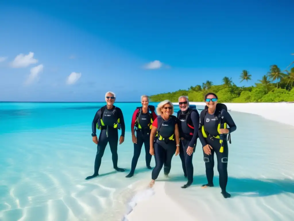 Grupo de viajeros maduros listos para bucear Grupo de viajeros maduros listos para explorar el mundo submarino en actividades de buceo