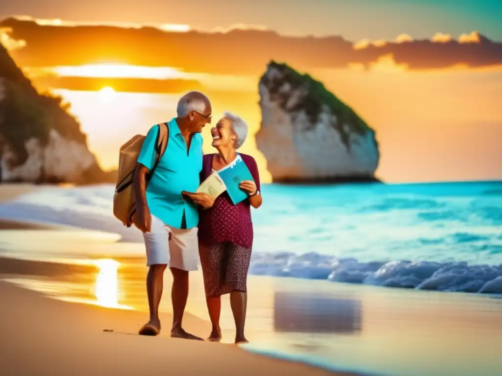 Pareja de adultos mayores en playa paradisíaca con pasaportes y visa Pareja mayor sonriente con pasaportes mostrando visas para viaje, listos para explorar