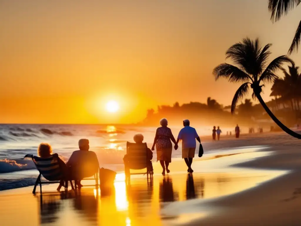 Grupos de jubilados disfrutan del atardecer en la playa Grupo de viajeros senior disfrutando de una hermosa puesta de sol en la playa - Ajustes de presupuesto en viajes senior