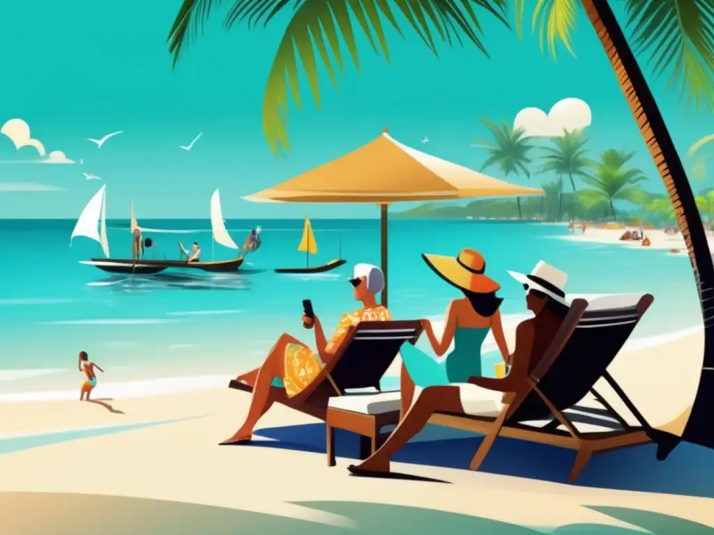 Grupo de viajeros maduros disfrutando en una playa de lujo Consejos para viajeros maduros en balnearios: grupo de viajeros disfrutan en una hermosa playa, con aguas turquesas, palmeras y lujosas amenidades