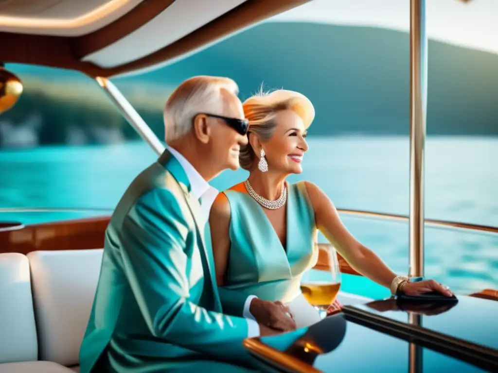 Pareja senior disfruta de lujoso crucero en yate Viajes de lujo seguros y asequibles para seniors en un yate rodeado de aguas turquesas y paisajes impresionantes