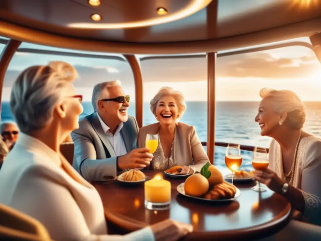 Ofertas de viajes para mayores: Crucero de lujo con felices viajeros senior disfrutando del mar y actividades a bordo