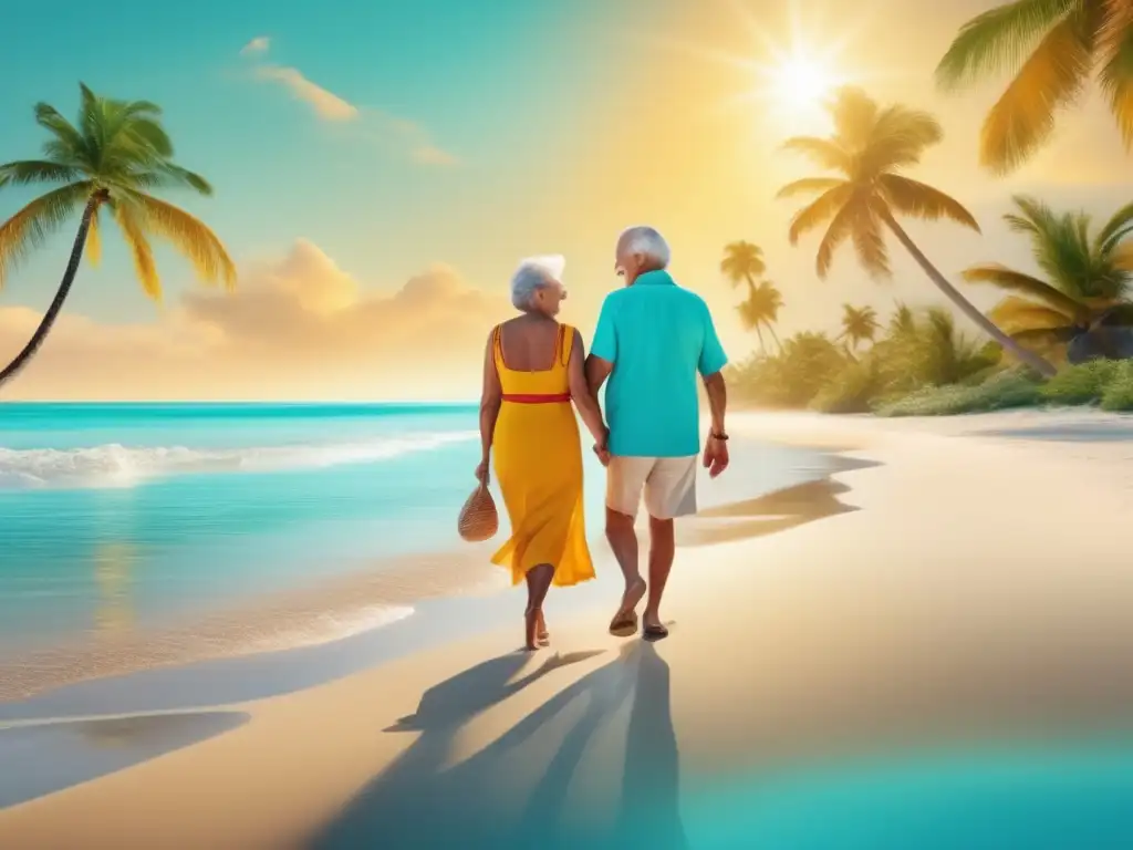 Pareja feliz en la playa Documentación de viaje para adultos mayores en la playa