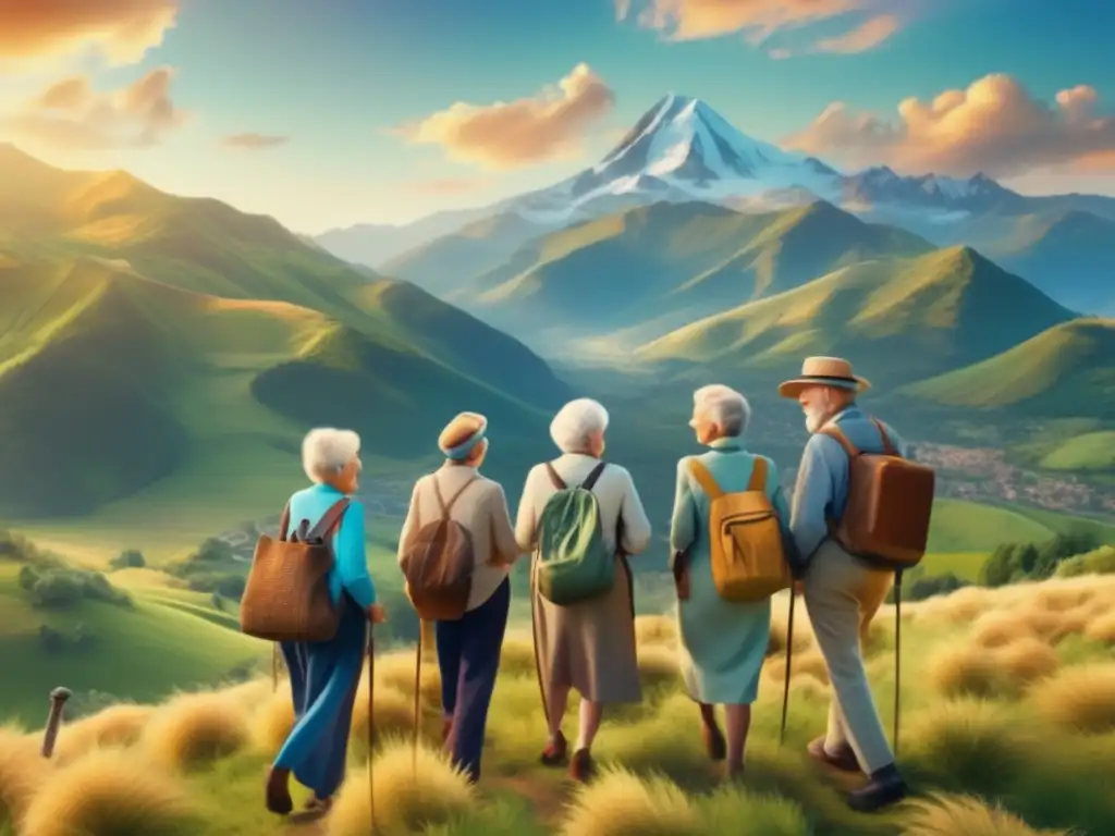 Aventura y felicidad en la montaña Experiencias de viajes para adultos mayores en una imagen de montaña con vibrantes colores naturales