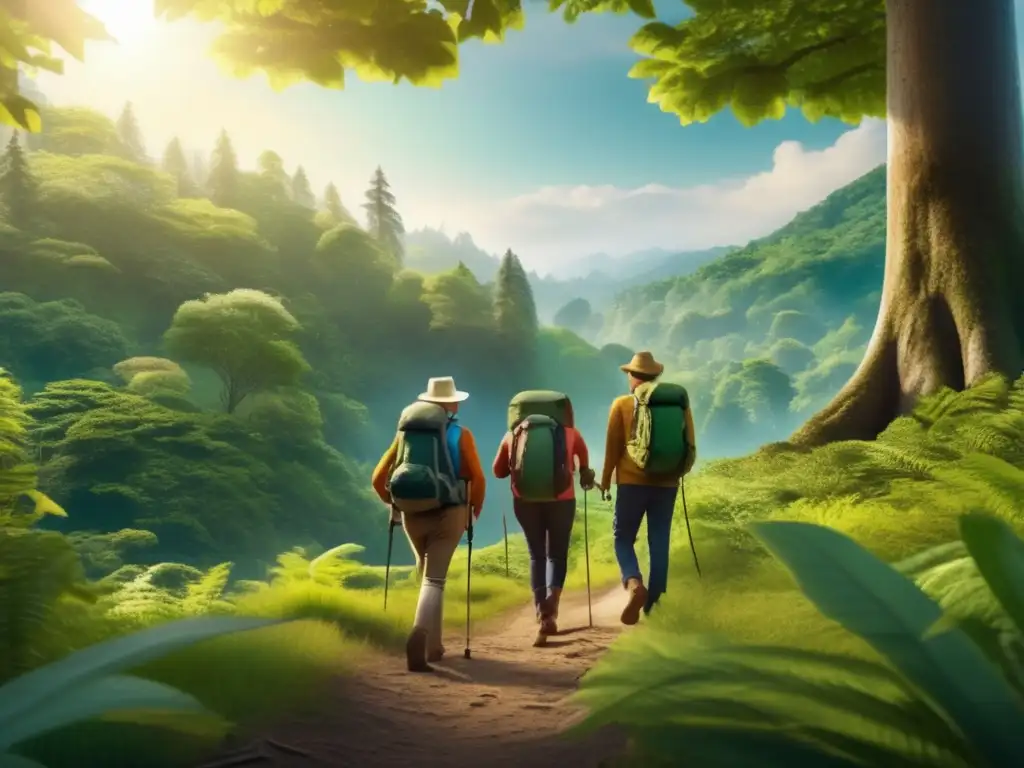Viaje ecológico con guía certificado Aventuras ecológicas para viajeros maduros en un bosque exuberante con guía certificado y colores vibrantes
