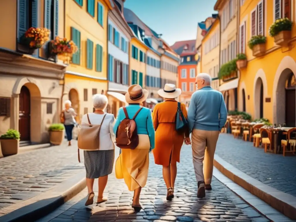 Viaje económico de seniors en Europa Viajes económicos para seniors: grupo feliz explorando una ciudad europea en temporada baja