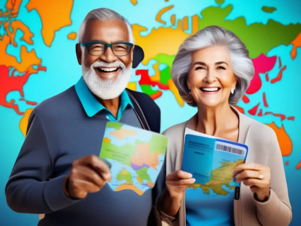 Pareja de mayores emocionados con pasaportes frente a un mapa mundial Pareja de adultos mayores sonrientes con pasaportes, mapamundi y destinos de viaje coloridos - Vacunas recomendadas para viajeros senior