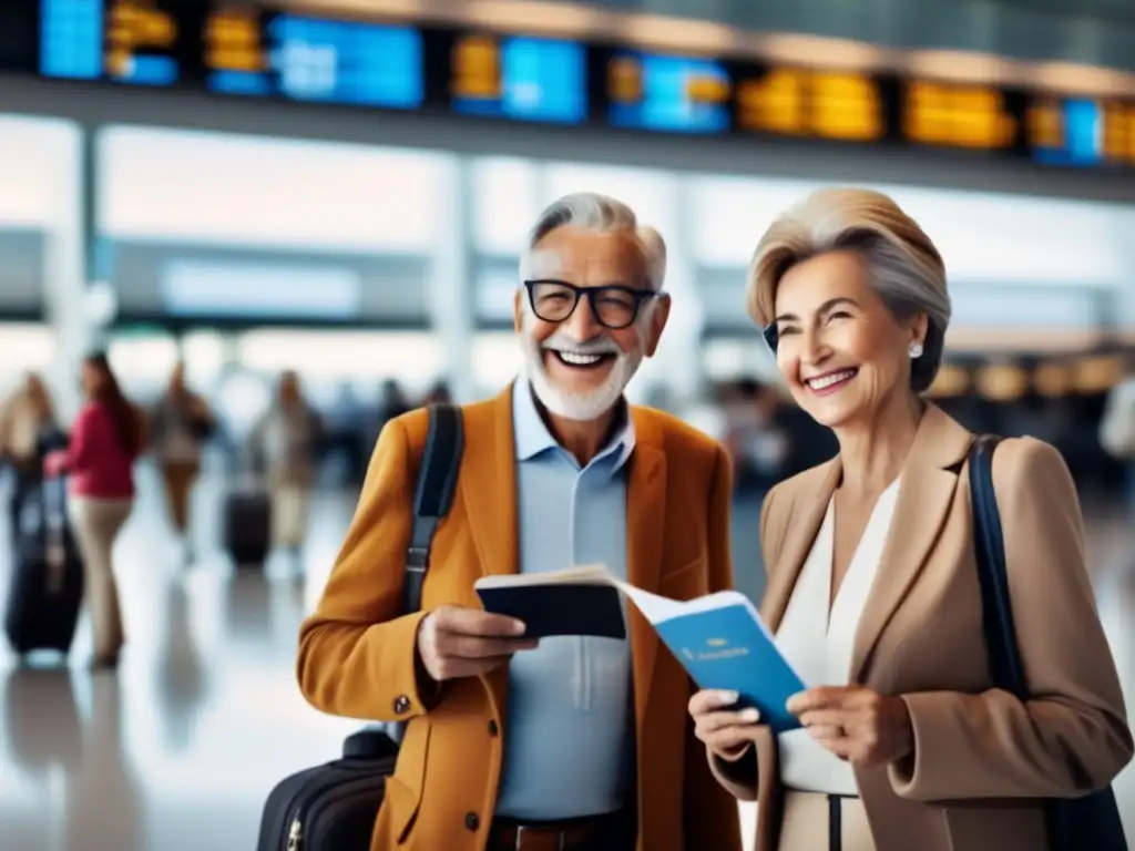 Pareja de ancianos sonrientes con pasaportes y boletos, listos para viajar Pareja de adultos mayores sonrientes con pasaportes y tarjetas de embarque en un aeropuerto, resaltando la importancia de visados en viajes