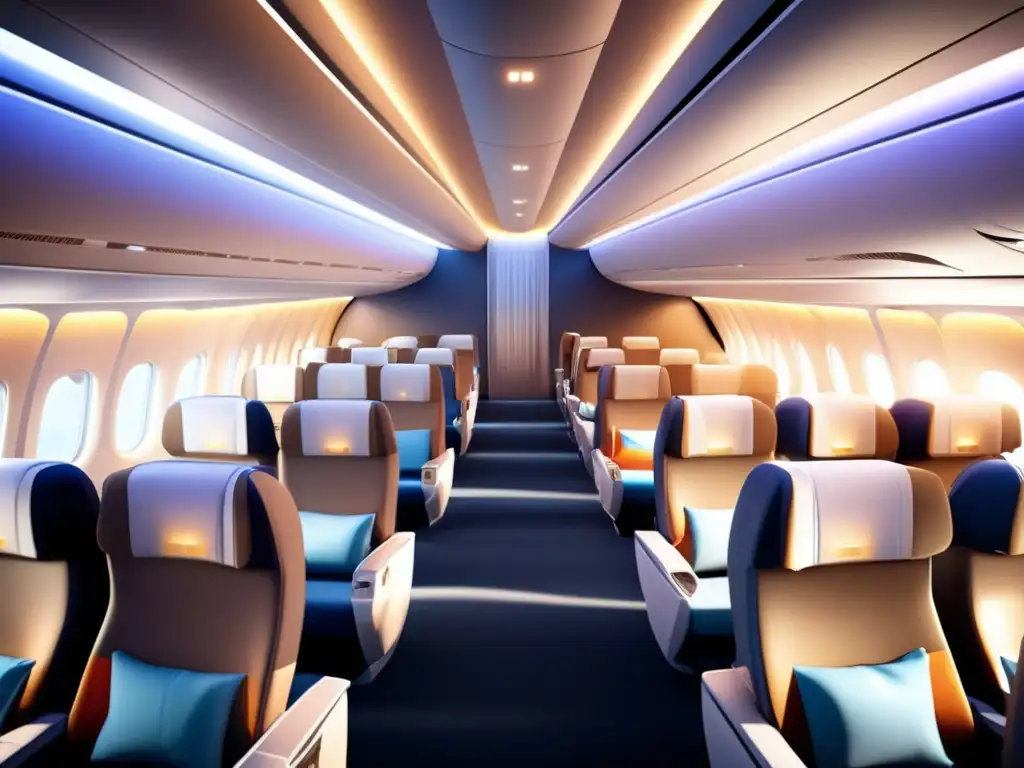 Vuelo cómodo y relajante Preparación vuelo largo viajes médicos: Imagen detallada de una cabina de avión serena con asientos espaciosos, iluminación ambiental y entretenimiento inflight