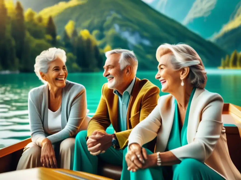 Serenidad en un paseo en barco Beneficios de viajes en grupo: seniors disfrutando un paseo en bote rodeados de paisajes montañosos y aguas turquesas