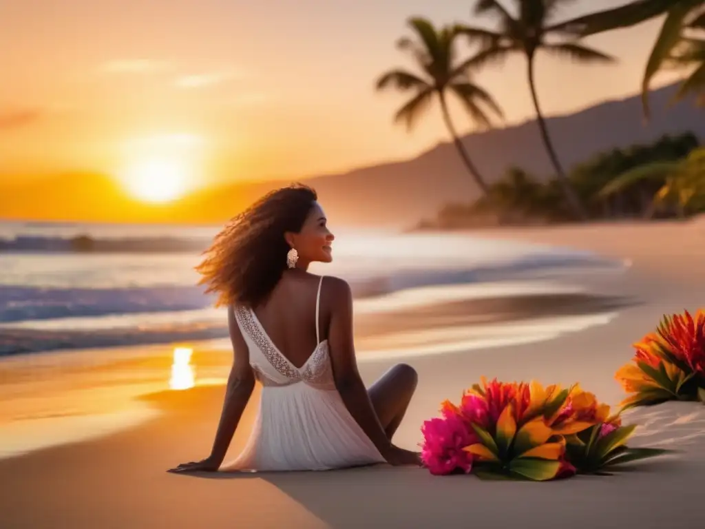 Mujer madura en playa al atardecer Mujer madura superando miedo viajar solo, playa al atardecer, esperanza y determinación