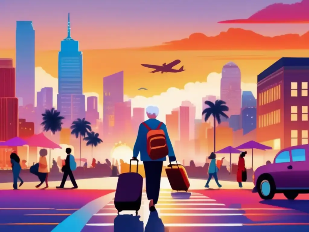 Viaje en solitario para adultos mayores Beneficios viajar solo tercera edad: Ciudad vibrante, viajero maduro explorando con confianza, arquitectura moderna y emoción en el aire