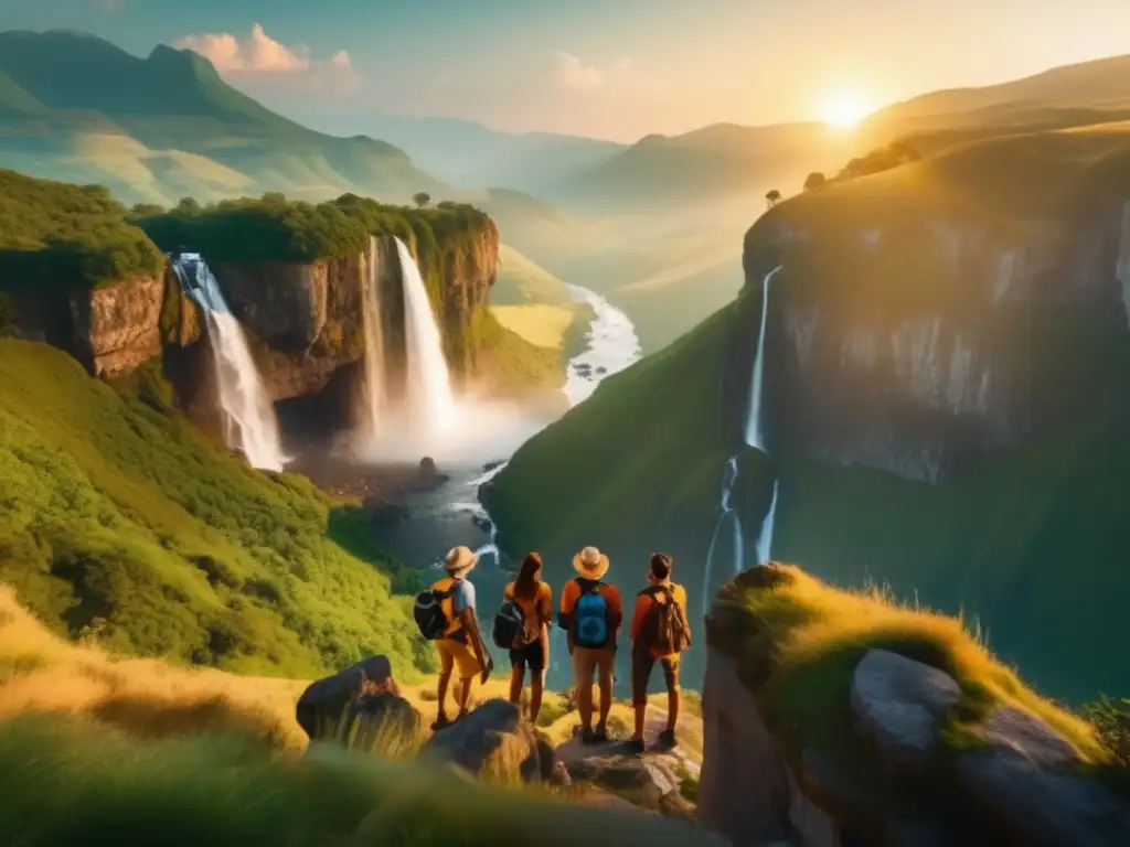 Grupo aventurero contemplando paisaje majestuoso Un grupo de adultos mayores disfrutando de un viaje enriquecedor en un hermoso paisaje natural