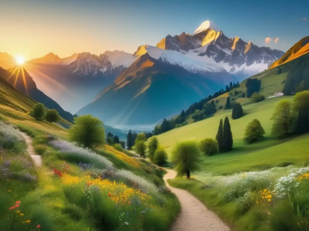 Paisaje montañoso espiritual para seniors Rutas sagradas para viajeros seniors en un paisaje montañoso sereno, con picos nevados sobre un valle verde exuberante