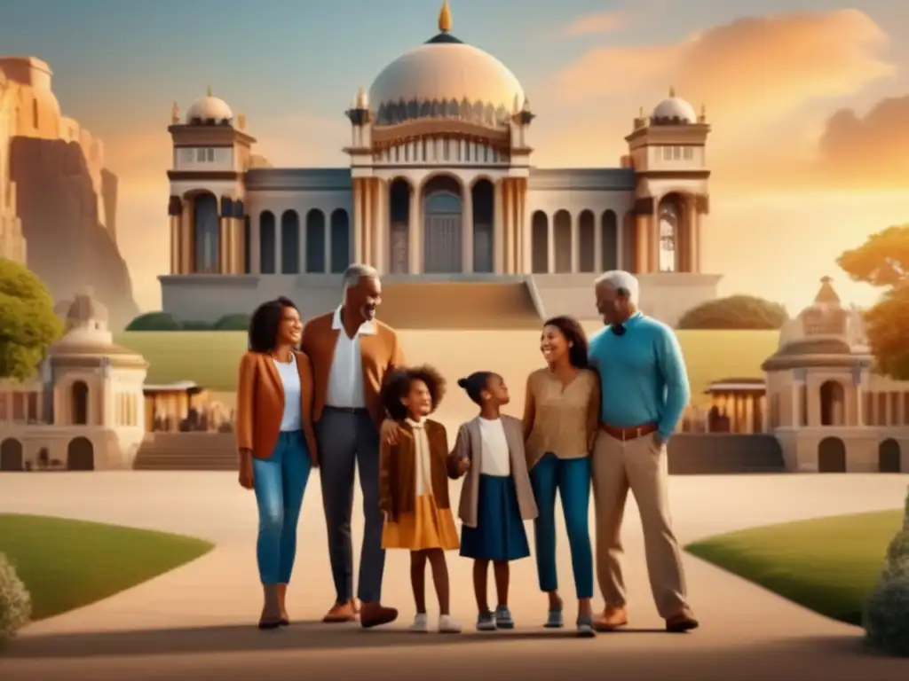 Familia multigeneracional frente a monumento histórico Viaje genealógico intergeneracional enriquecedor: familia frente a majestuoso monumento histórico