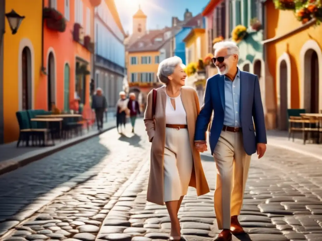 Pareja mayor explorando una ciudad extranjera con alegría Pareja mayor explorando ciudad extranjera