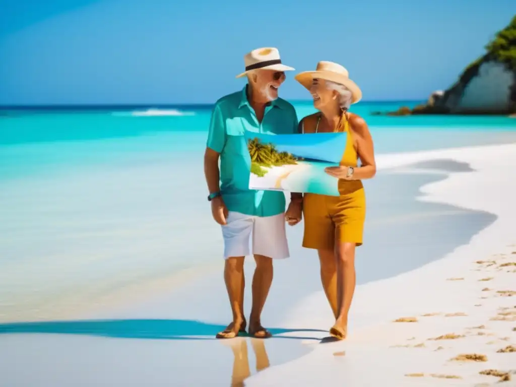 Pareja feliz disfrutando de la playa Seguro de viaje para seniors en playa paradisíaca