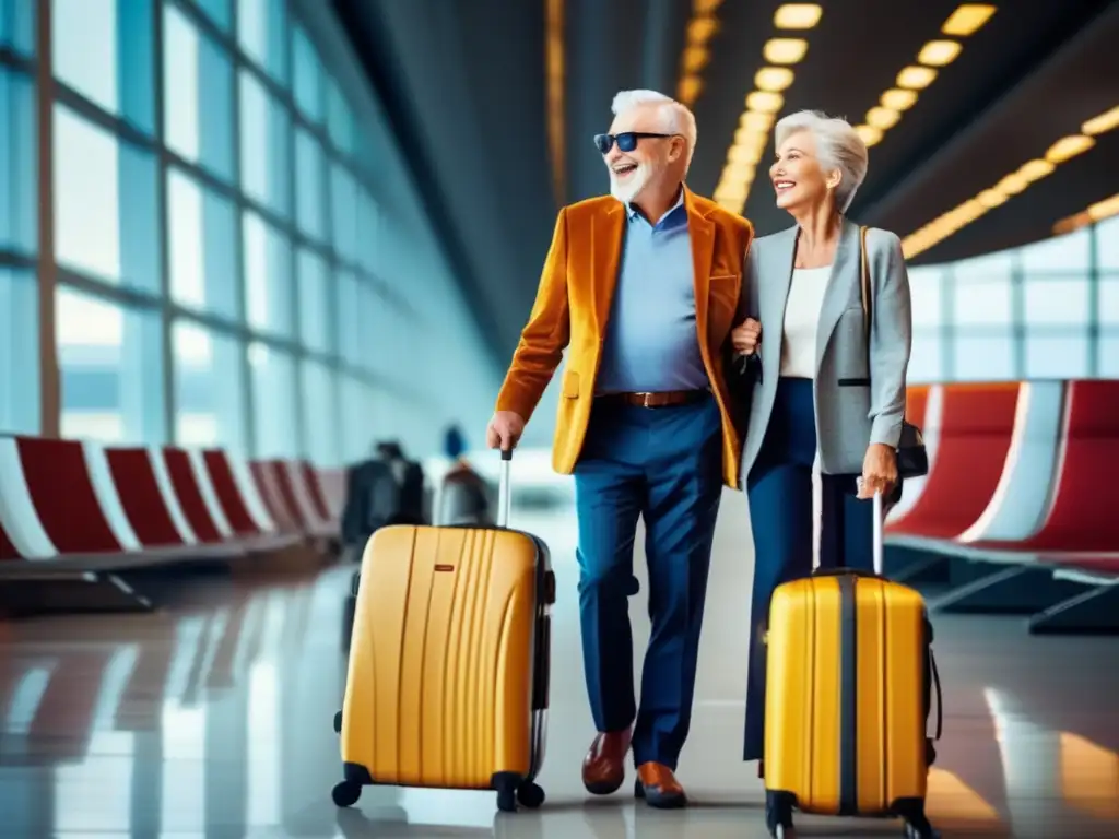 Pareja mayor en aeropuerto con maletas Seguros de Viaje para Mayores, pareja de ancianos sonrientes en aeropuerto