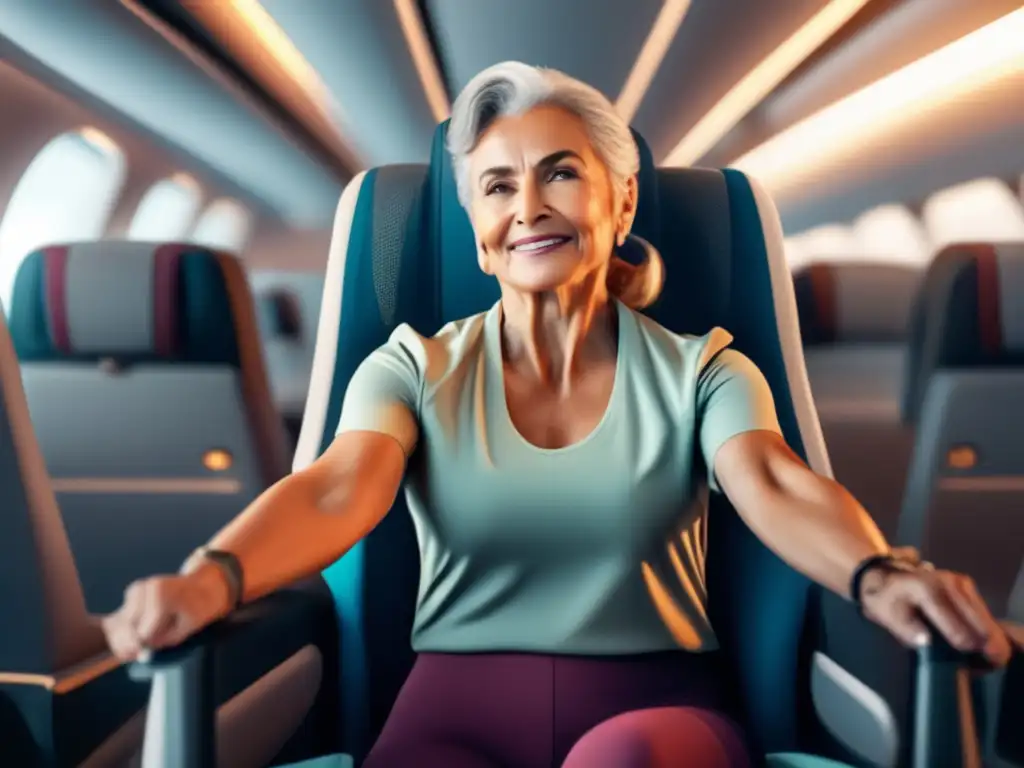 Mujer mayor realizando ejercicios de estiramiento en un avión Rutinas de Pilates para viajeros senior asequibles