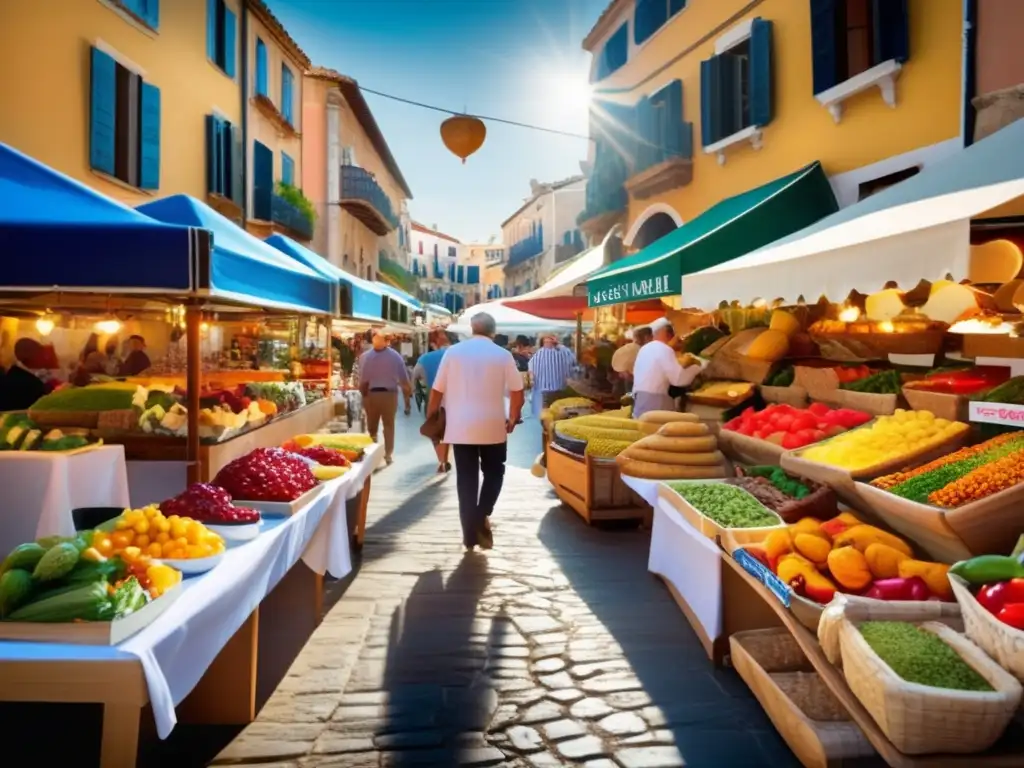 Delicias culinarias del Mediterráneo Viaje gastronómico Mediterráneo para viajeros maduros: mercado vibrante con deliciosos jamón ibérico, pasta italiana y mezze griegas