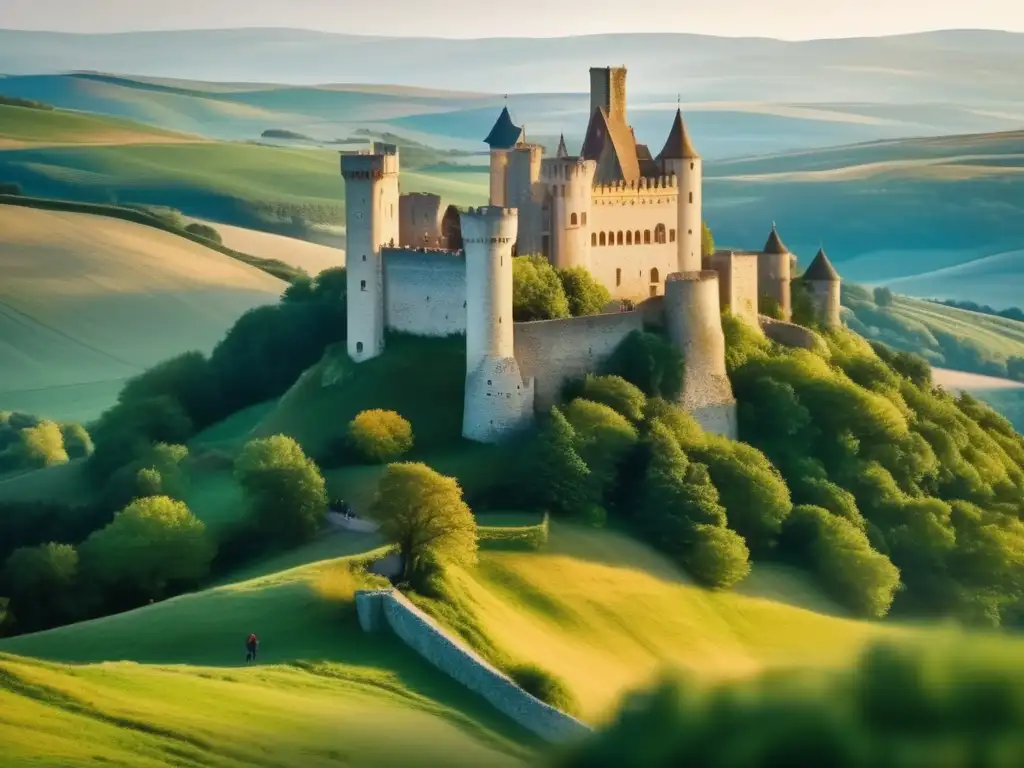 Turismo genealógico: viajeros explorando castillo histórico en colinas europeas